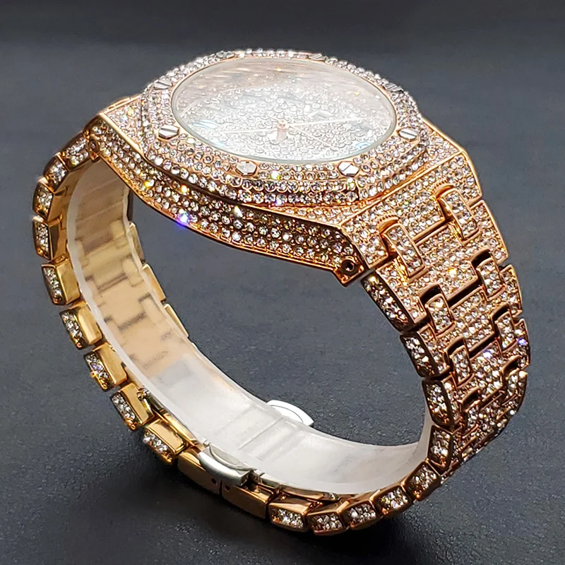 Reloj de diamantes ostentosos para hombre, marca de lujo, relojes de oro rosa brillantes helados, cantante de Rap de Hip Hop, reloj de joyería de la costa oeste, triangulación de envíos