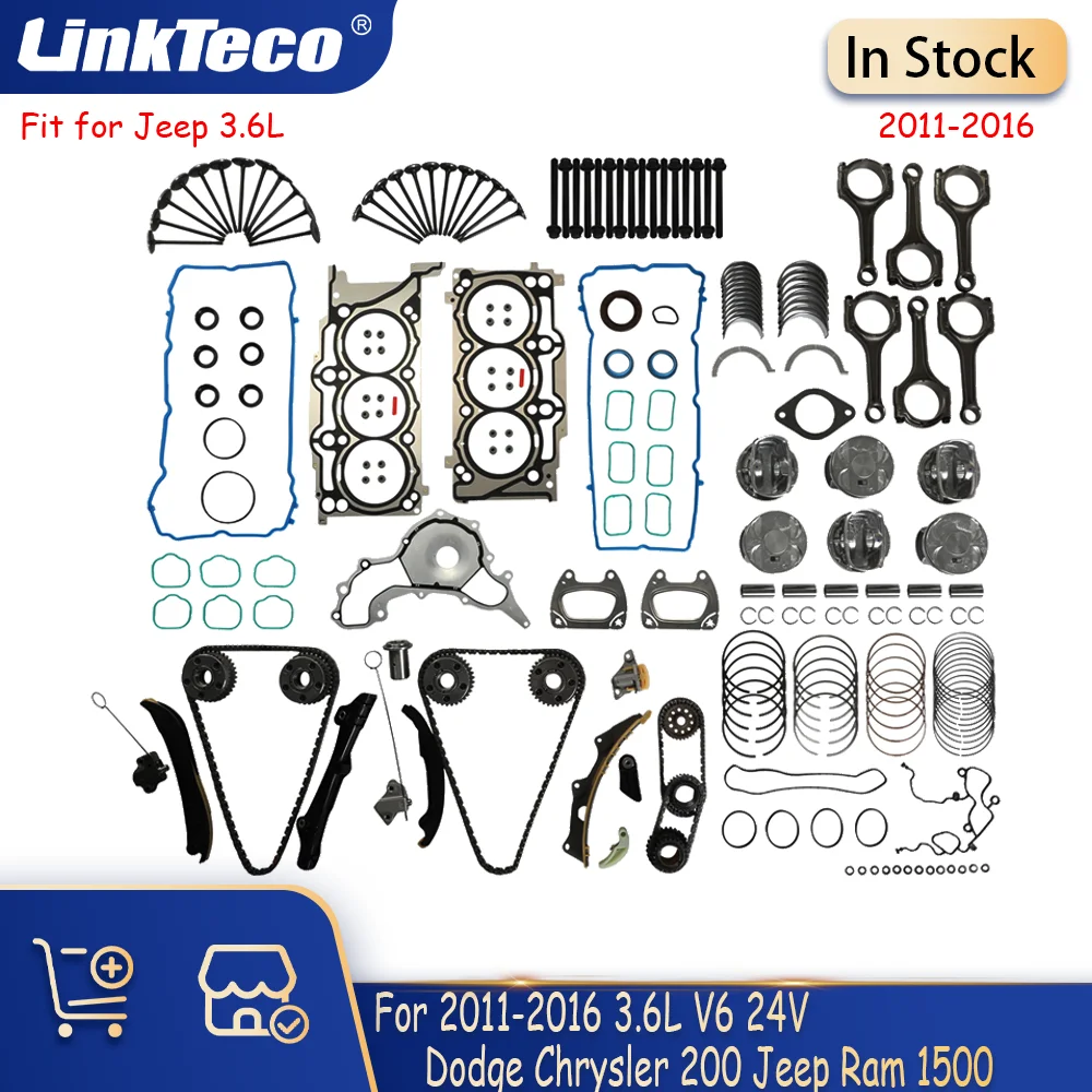 

Engine Overhaul Kit Timing Chain Kit Full Gasket Set Piston Set Fit 3.6 L DOHC For 11-15 Dodge Chrysler 200 Jeep Ram 1500 3.6L
