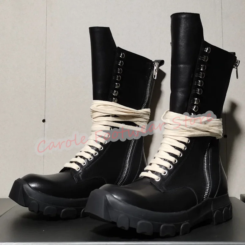 

Black Genuine Leather Cross-Tied Strap Motorcycle Boots for Men Male Round Toe Chunky Bottom Height Increased Leisure Shoes