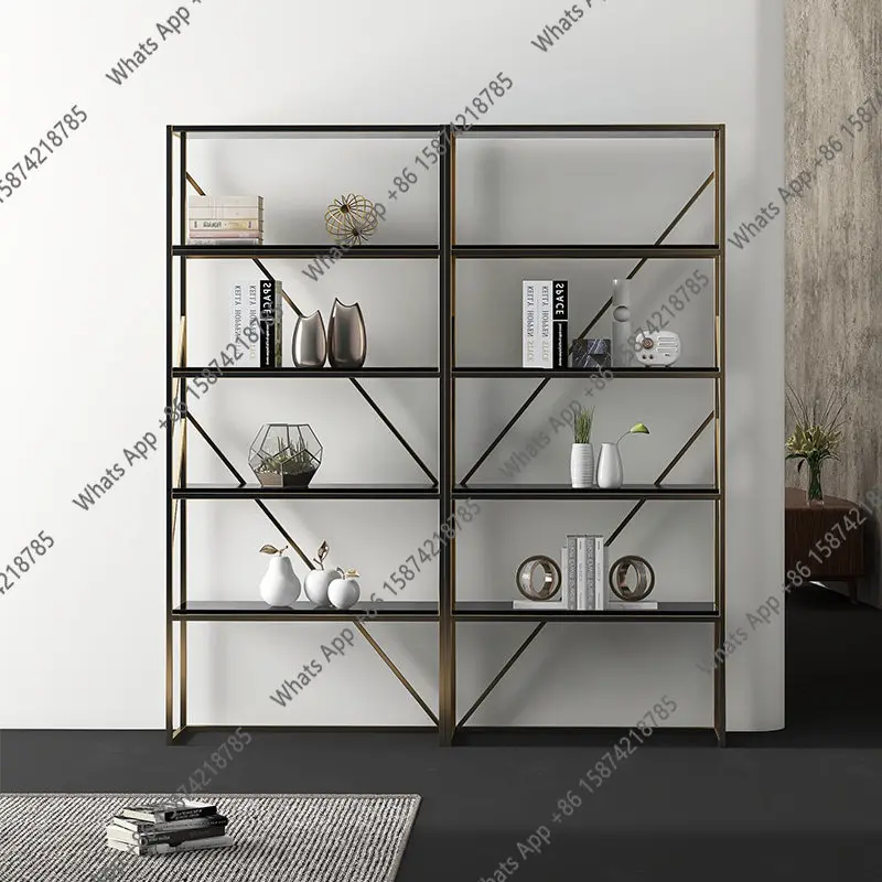 

Italian minimalist bookshelf floor-to-ceiling stainless steel complete light luxury storage rack office creative bookcase shelf