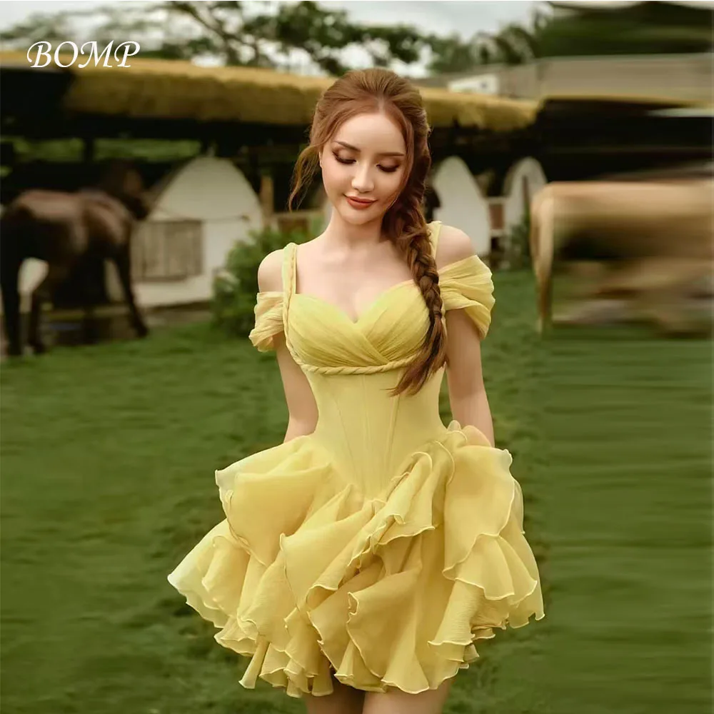 

BOMP Elegant Yellow Wedding Party Dress Sweetheart Short Sleeves Draped A-Line Chiffon Special Occasion Birthday Dresses Custom