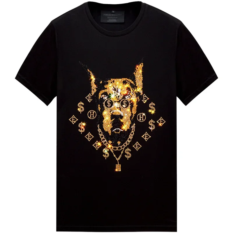 Cartoon Dog Rhinestones T Shirts Men Clothing Short Sleeve Tops Tee Fashion Streetwear O Neck Slim T-shirts футболки со стразами