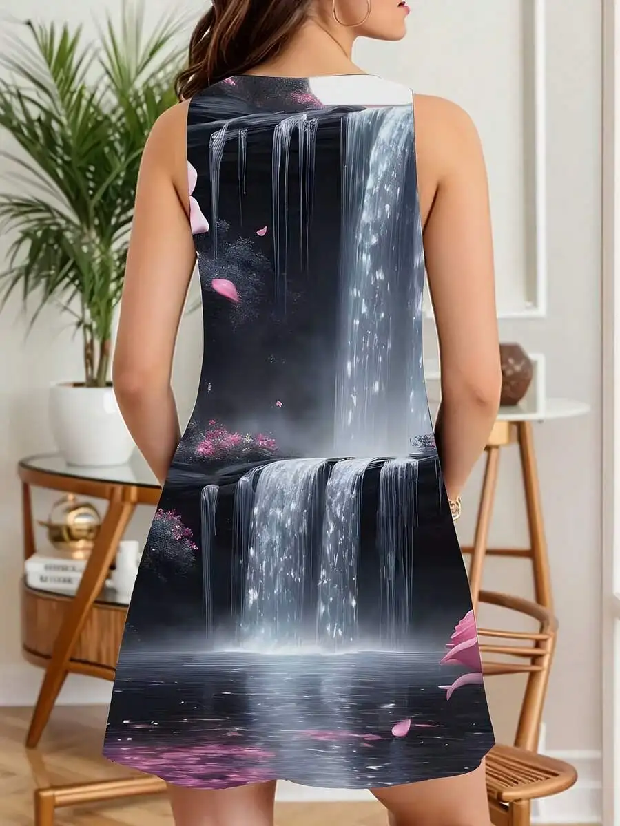 

Women Sleeveless Dress Waterfall And Pink Flowers Print Summer Beach Party