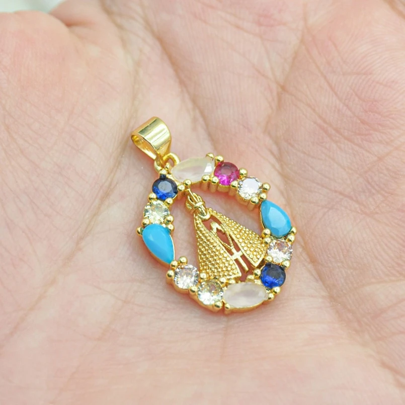 

2Pcs Christian Pendant Gold Color Cubic Zirconia Invisible Setting Madonna Face Religious Copper Approx 16.9x27.6mm Jewelry