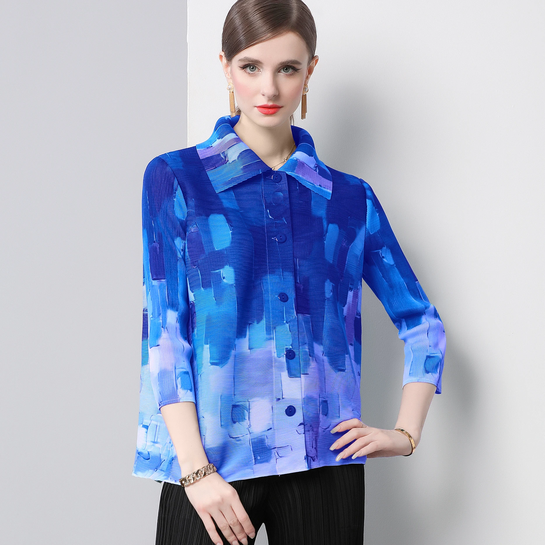 

Women's adient Print Pleated Jaet Spring Autumn New Sle Loose Fit irt Cardigan Turn-down Collar plus Size Top