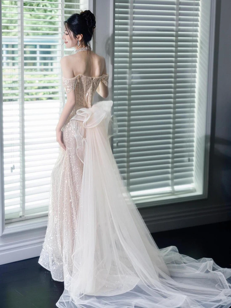 Suknia ślubna Ele One-shoulder Fi-Tail, błyszcząca, z cekinami, luksusowa, zaręczynowa, wieczorowa, bogato haftowana suknia ślubna.