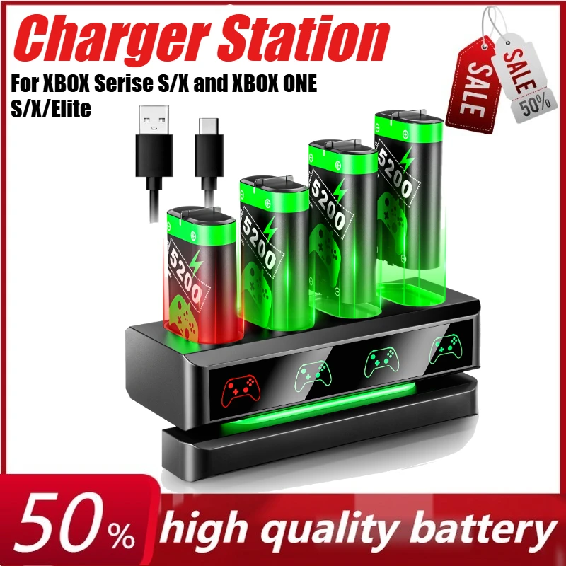 

4x5200mWh Rechargable Batteries Pack for XBOX Serise S/X and XBOX ONE S/X/Elite 4 in 1 Charger Station