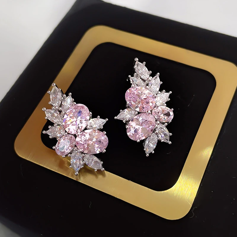 Huitan Dazzling Pink CZ Stud Earrings for Women Sweet Girls Ear Piercing Accessories Engagement Party Luxury Trendy New Jewelry