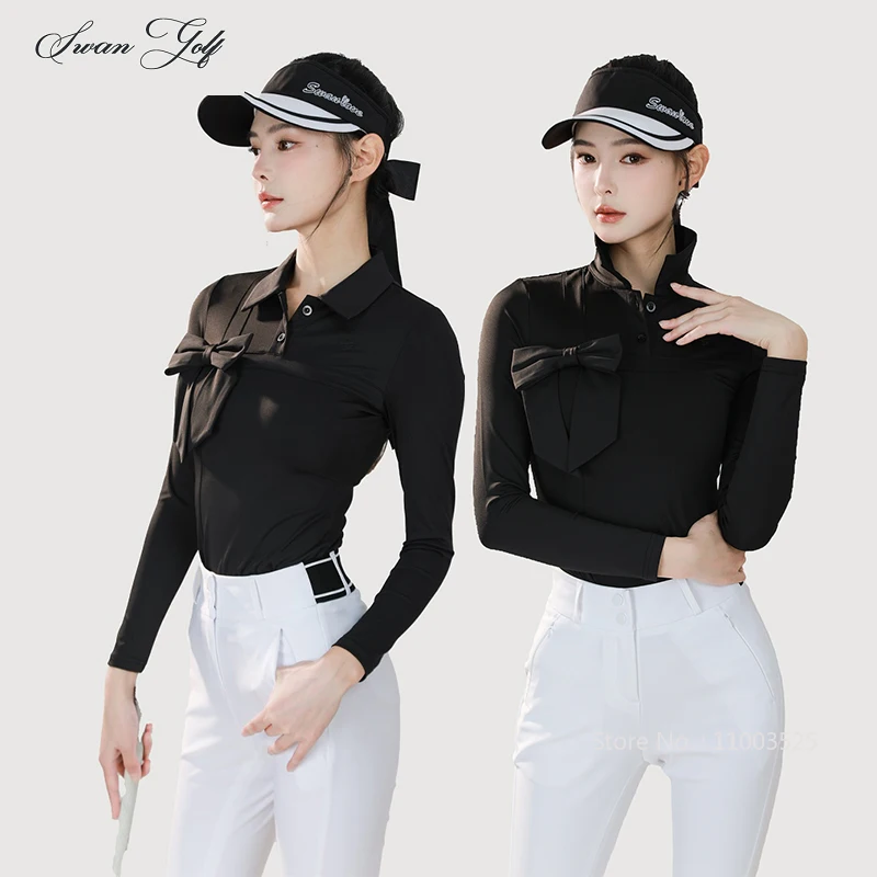 

SG 2023, осенне-весенняя новая одежда для гольфа, женские рубашки поло с длинными рукавами, дышащие спортивные топы с бантом, эластичные футболки для гольфа