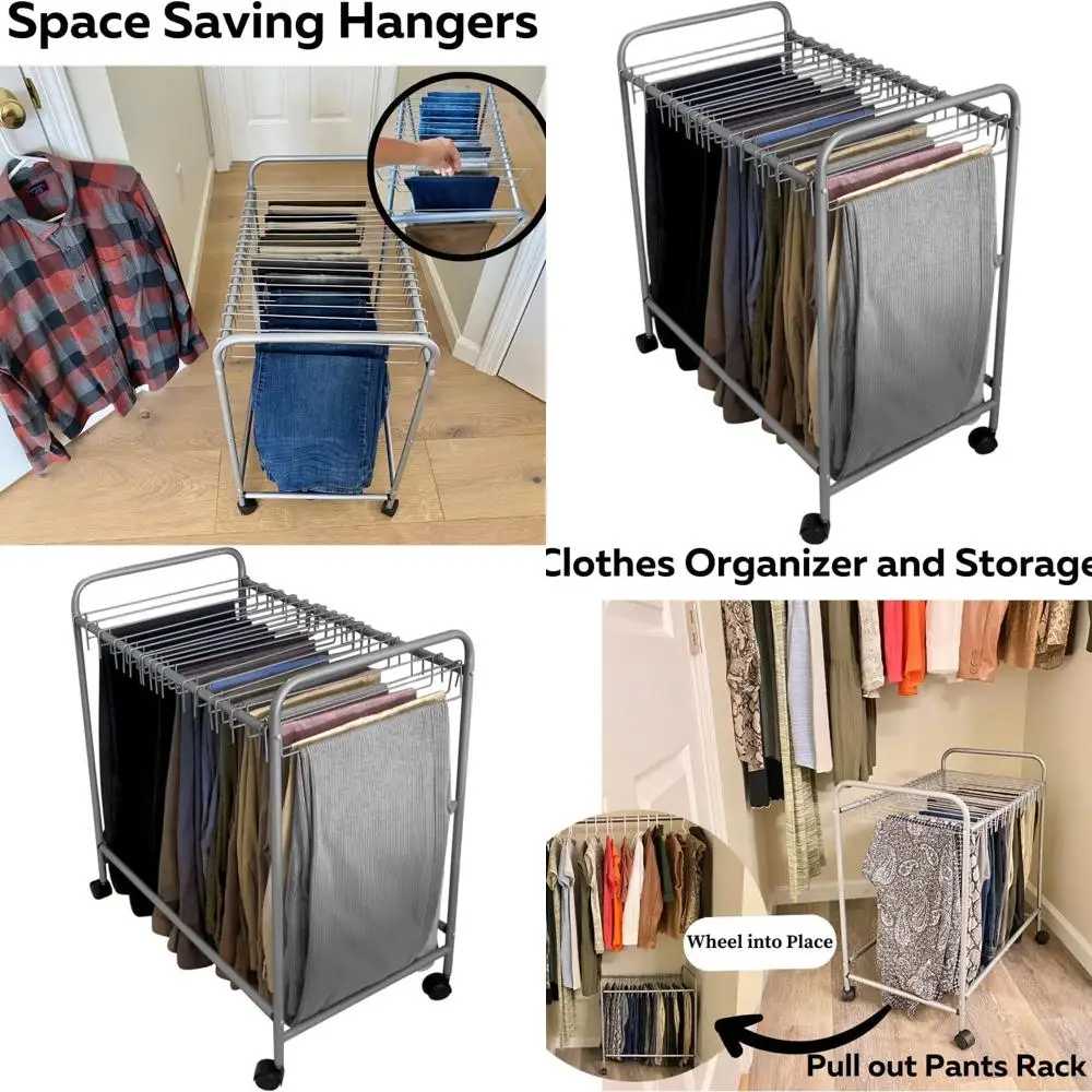 

Rolling Trolley Cart with 20 Hangers for Pants, Skirt Organizer for Closet