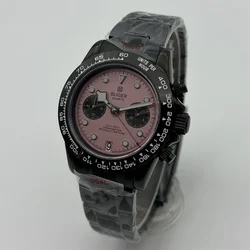 BLIGER 39mm Pink dial VK64 Moon Quartz Chronograph Men's Black Watch 5 pin 6 o 'clock Date Sapphire glass stainless steel strap