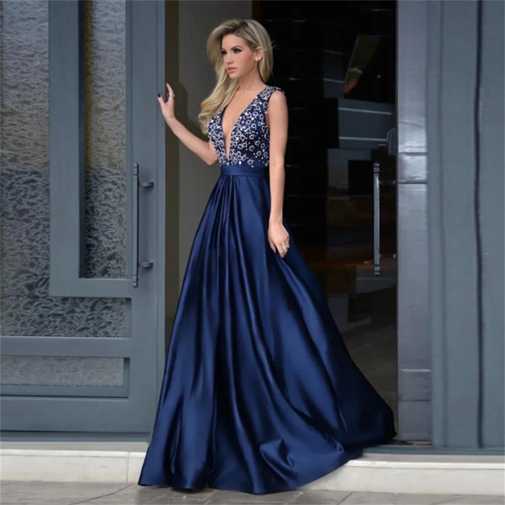 

Blue V-Neck Sequin Stain Evening Prom Dresses Elegant Backless Floor Length Graduation Formal Party Gowns Sleeveless