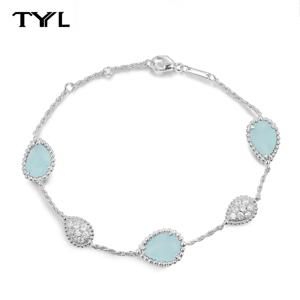 

TYYL Moissanite Bracelet for Women 925 Sterling Silver Bohemian Style Teardrop Shaped Blue Chalcedony Luxury Bracelets Jewelry