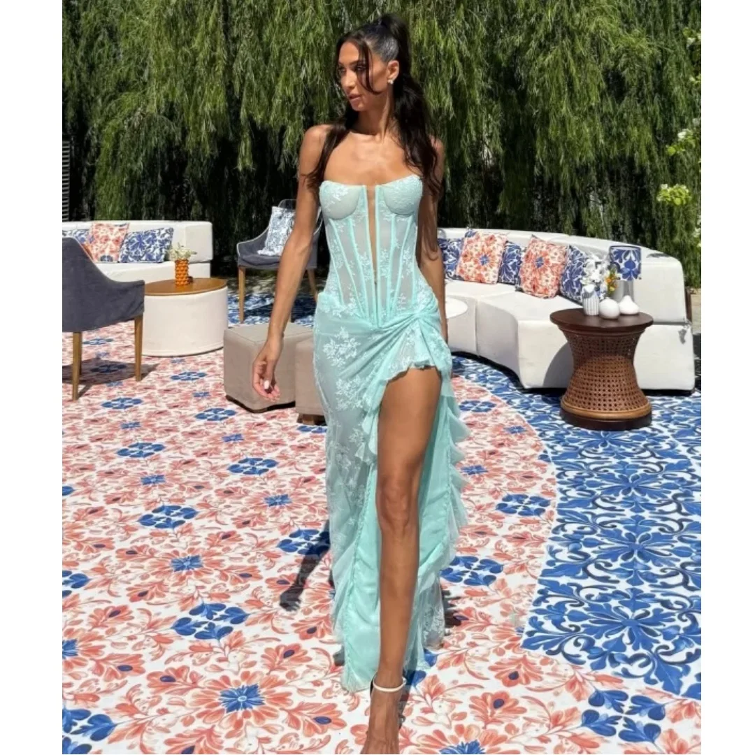 민트 그린 이브닝 드레스 여성 환상 코르셋 vestidos de noche 레이스 프릴 슬릿 댄스 파티 드레스 웨딩 파티 가운 맞춤형