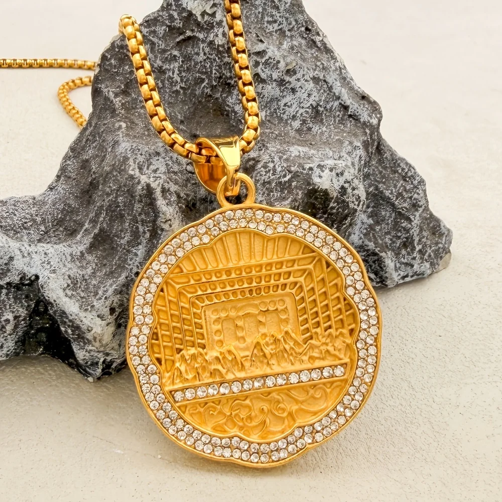 1Pc 316L Stainless Steel Pendant round Last Supper Design with Rhinestone Golden Tone Hip Hop Punk Street Style Daily Wear