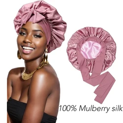 Bonnet de seda amoreira para mulheres, boné de dormir grande, cabelo com elástico, trança longa encaracolada, 100% puro