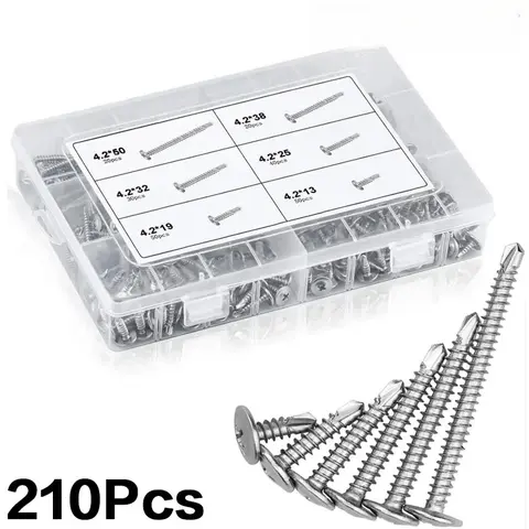 210Pcs Hexagon Washer Self-tapping Screw Set, Drill Tail Combination Kit with Storage Box, 6 Sizes 13mm 19mm 25mm 32mm 38mm 50mm, Screws Assortment for Home Repair, Furniture Assembly and DIY Projects, Great Workshop Tool for Handymen
