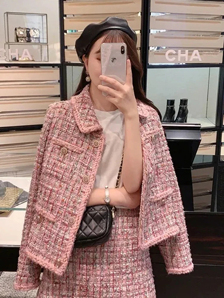 

Blend Chic Skirt 2 Piece Set Korean Single Breasted Tweed Short Coat Conjuntos Fashion A-line Woolen Short Falda Outfit E2447