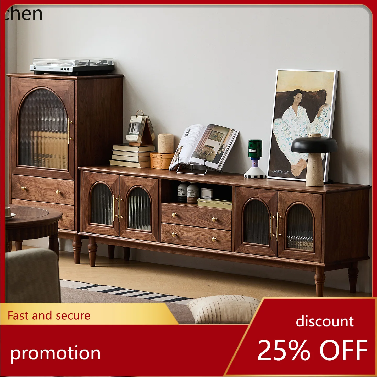 

HXL Black Walnut Solid Wood Bookcase Wine Cabinet Living Room Home Storage Organizer Display Cabinet