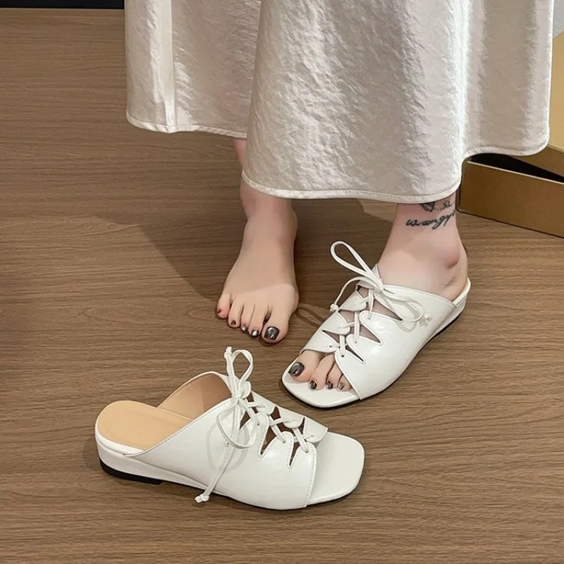 One Line Hollow Strap Half Slipper Women's French Wedge Heel Soft Niche Design Cool Slipper Sandals Women Shoes
