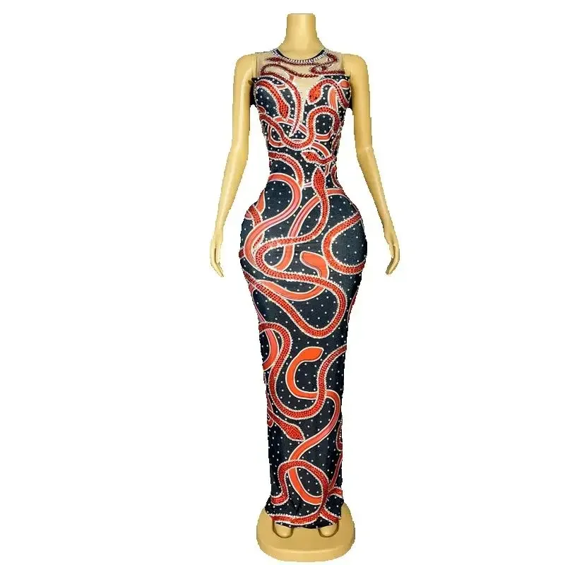 بلينغ الأفعى نمط الراين فستان المرأة حفلة ثوب مسائي بار Ds Dj Gogo زي ملهى ليلي المرحلة المنصة الزي