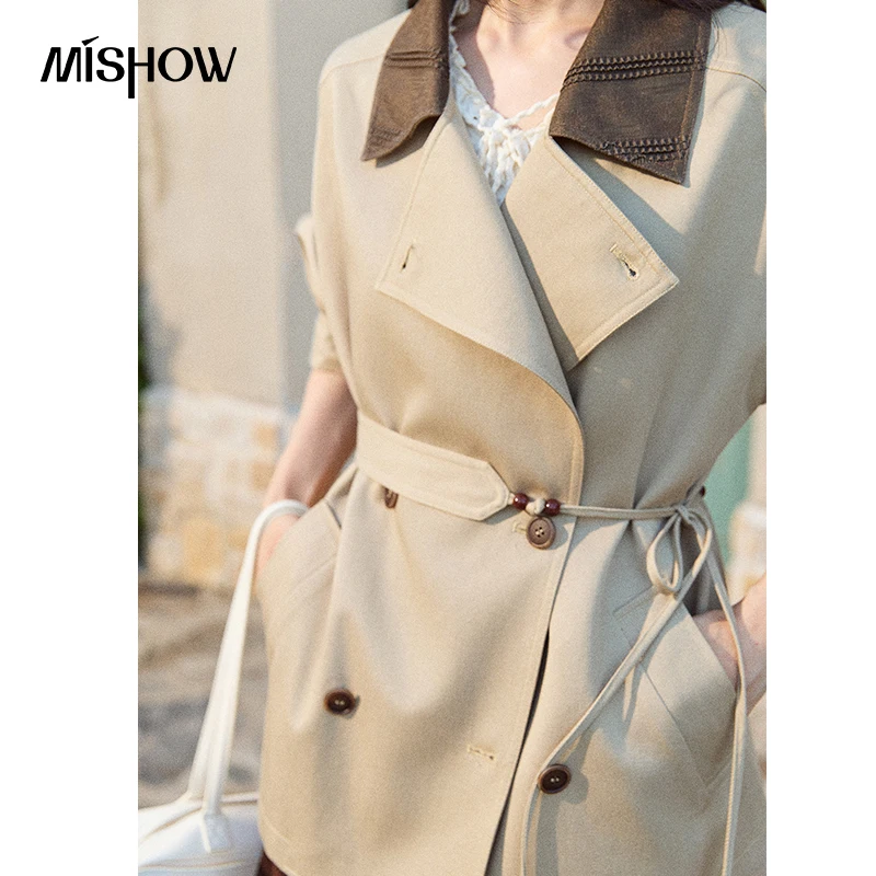 MISHOW Cotton Trench 2026 Autumn Contrasting Color Double Breasted Windbreaker British Retro Commuting Lapel Jacket MXF43W1088