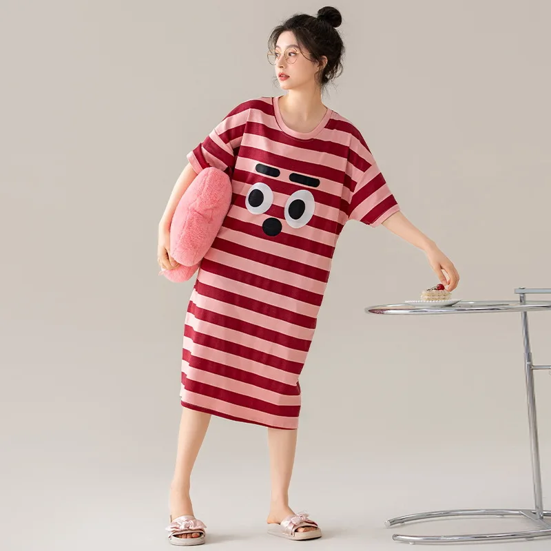 Round Neck Nightdress Short-sleeved Pajamas Cute Cartoon Plus Size Lounge Mid-Calf Night Gown Women Student Girl Sleepshirts