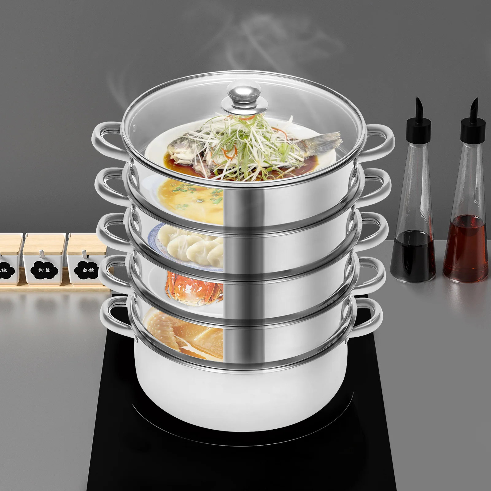 

5-tier 10'' Thick-bottomed Stainless Steel Steamer Pot ,Pot with Tempered Glass Lid Cooking Multipurpose，Food Steamer for corn, dumplings, rolls, fish, chicken, seafood ,NEW