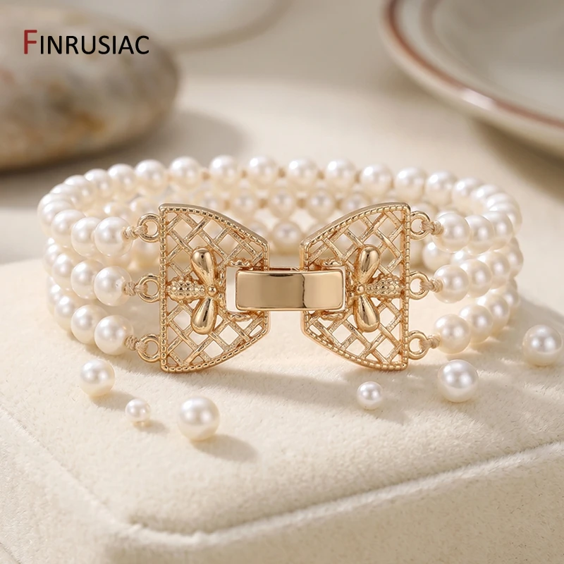 14K Gold Plated Brass 3-Row Pearl Clasps Connector for Jewelry,Multi-Strand Lock Claps for DIY Bracelet Necklace Making Findings