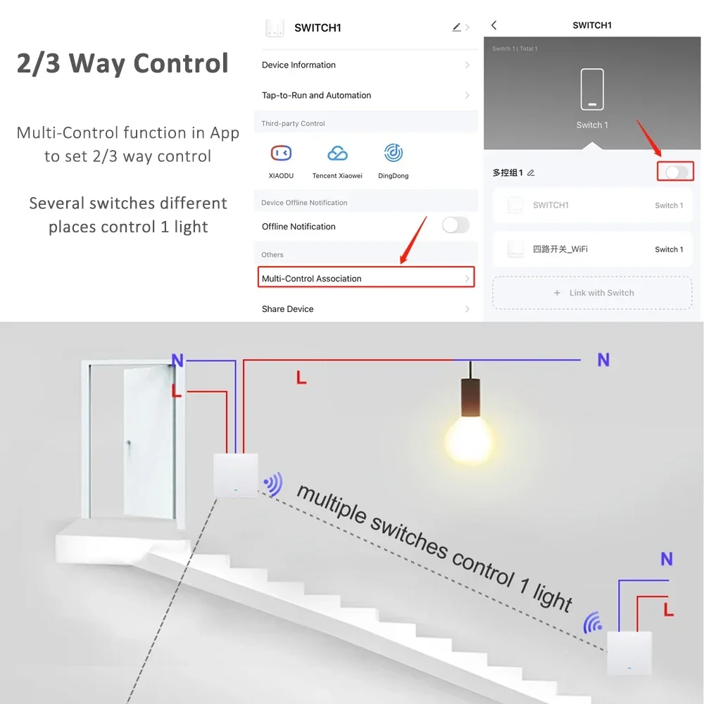2 3 Way WiFi Smart Wall Light Switch Push Button Tuya Led Korea EU Standard with without Neutral Timer 240V with Remote Control