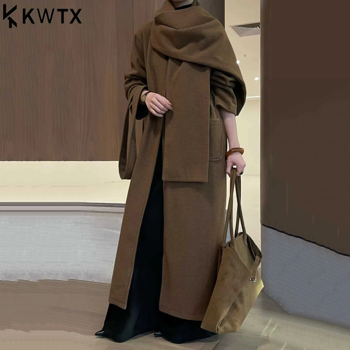 

KWTX 2025 женское осенне-зимнее твидовое пальто женское элегантное длинное однобортное шерстяное пальто со съемной шалью и карманами для шарфа