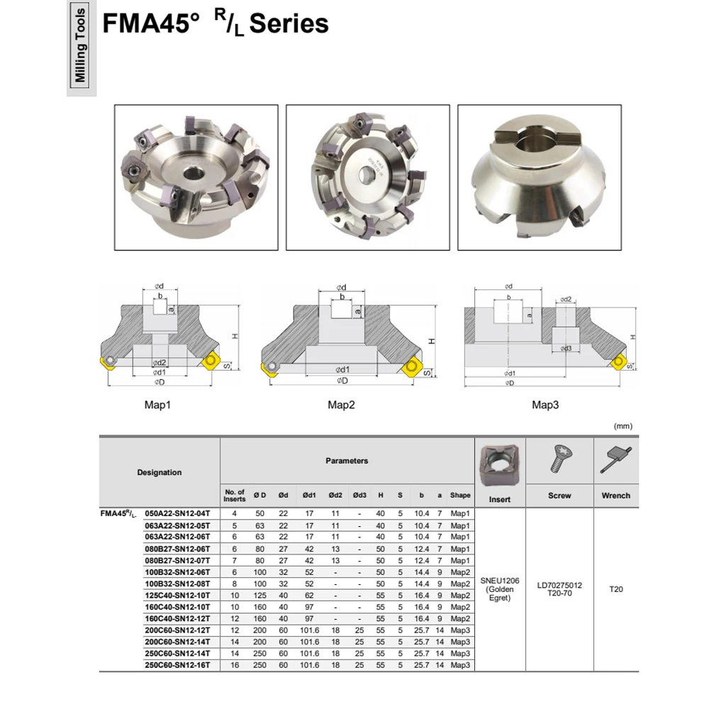 FMA45 45 درجة 50R 63R 80R 100R 125R 4/5/6/7/10T سلسلات عالية تغذية قاطعة المطحنة SNMU SNMU1206 كربيد إدراج حامل أدوات باستخدام الحاسب الآلي