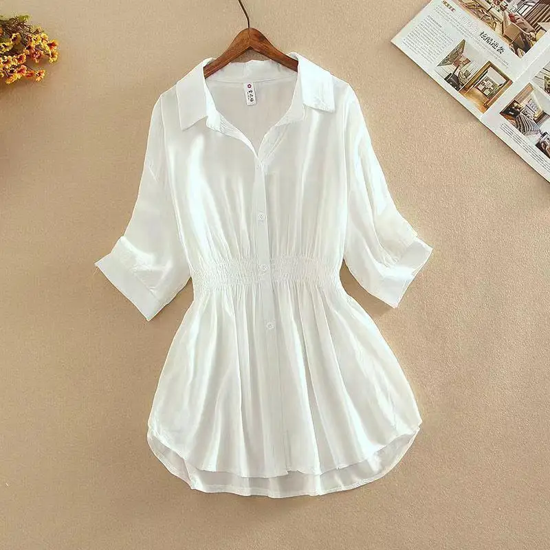 

2024 New Summer Young Style Minimalist Fashion Slim Fit Versatile Blouses Lapel Midi Solid Color Folds Button Women's Shirt Top