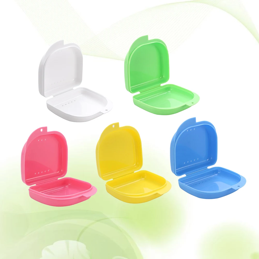 

5 pcs Denture Case Vent Holes Hinged Lid Snap Closure Mouth Guard Storage Container For Retainer Dental Appliance Dry Clean