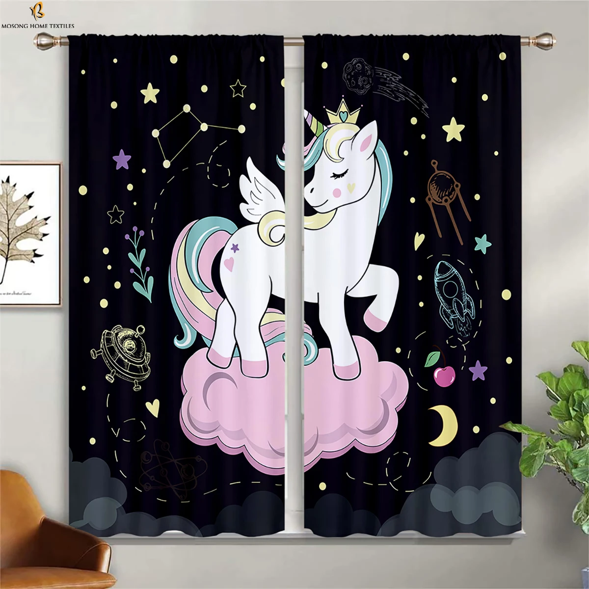 Pink Unicorn Rainbow Cartoon Print Curtains Kids Children's Room Decoration Window Curtains Easy To Wash And Care 2 Pieces