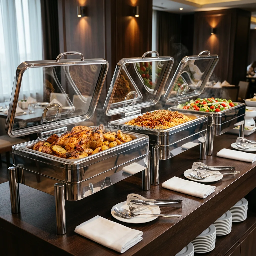 XINGPAI Hotel Restaurant Supplies Chaffing Dishes Buffet Catering Stainless Steel 9L Silver Chafing Dish With Visible Glass Lid