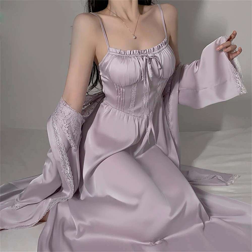 Simple Sexy V-neck Lace-up Satin Nightdress With Chest Pads Ladies Long Robe Sleepwear Homewear Elegant Long-sleeved Nightgown