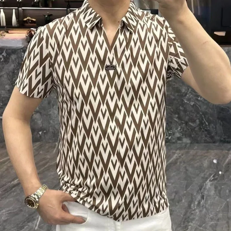 Casual Short Sleeve Polo T Shirt for Men Fashionable Summer Trend Vintage Printed Short Sleeve Slim Shirt Male Clothes ZL53