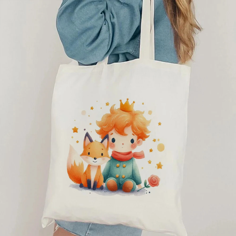حقيبة حمل قماشية مستوحاة من الأزهار والثعلب الكرتونية من Little Prince، تصميم أنيق ومتين، مثالية لمحبي الكتب والاستخدام اليومي