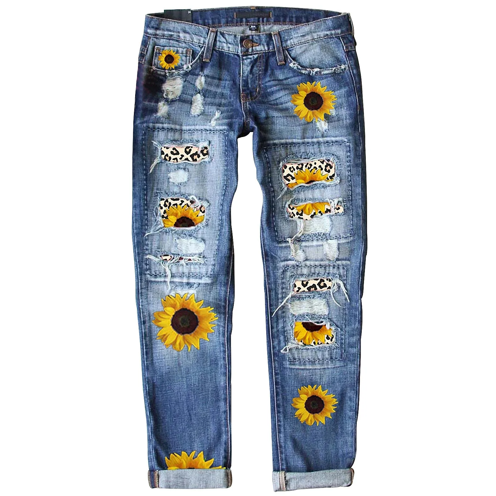European and American foreign trade cross-border supply fashion slim-fit printed denim trousers women