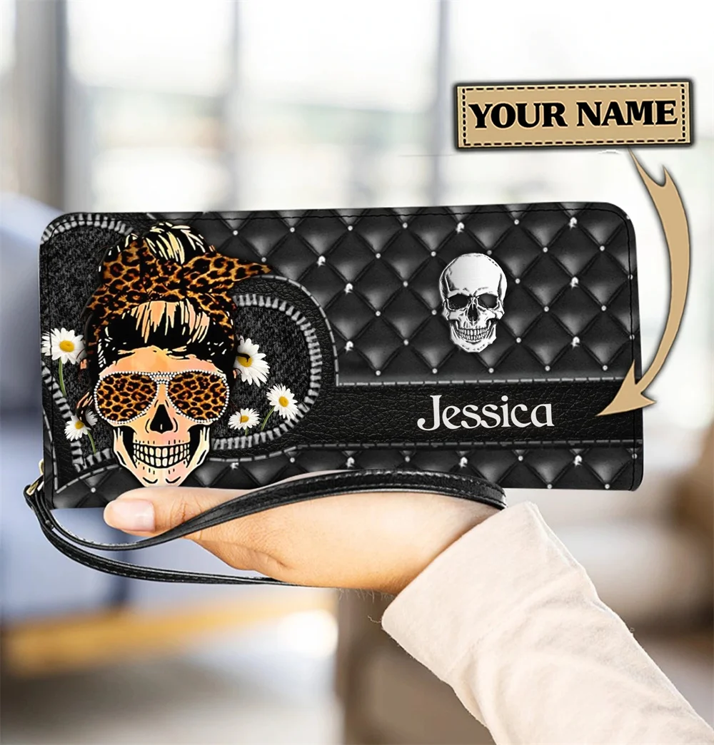 Gothic Skeleton Skull Printing Fashion Women Leather Wallet Designer Luxury Wristlet Clutch Purse Lightweight Card Holder Pouch