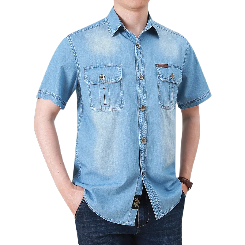 

2026 Summer New Men's Denim Short Sleeve Shirt Casual Trendy Personalized Thin Denim Jacket With Multi Pockets Retro Denim Shirt