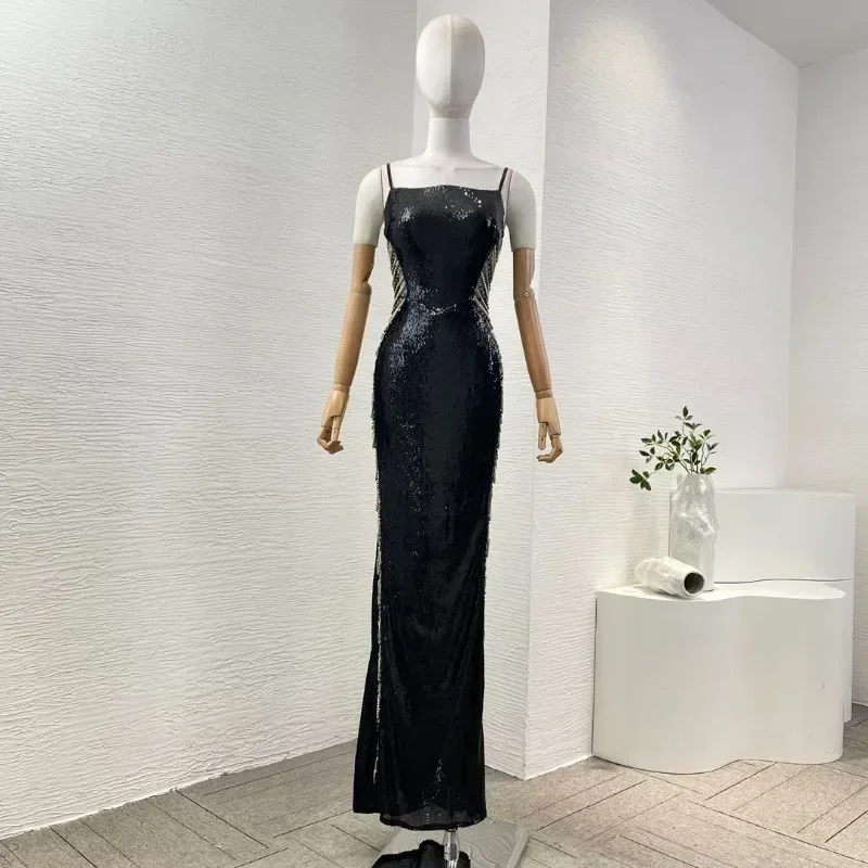 Women's Gorgeous Black Sequined Maxi Dress Metal Chain Decoration Cut Out Waist Sleeveless Ladies Dress