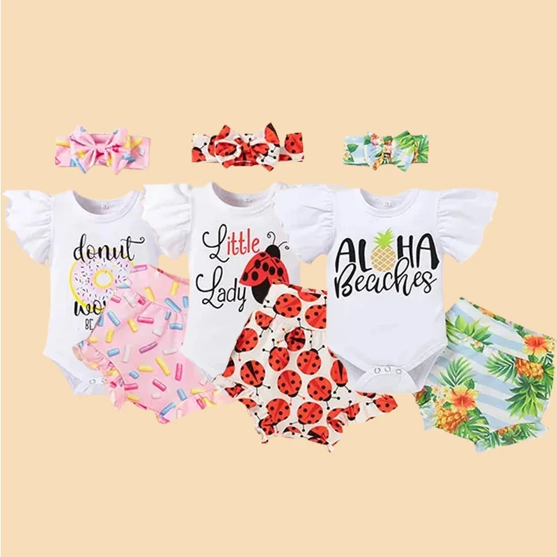 3Pcs Girls' Kid Infant Summer Letter Print Ruffle Edge Long Sleeve Creeper Fruit Insect Print Short Pants Bow 0-12M