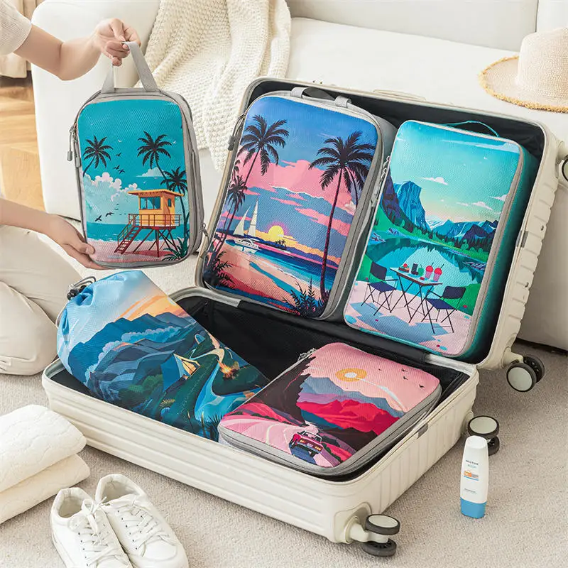 5 pçs/set conjunto organizador de viagem saco de armazenamento grande capacidade saco compressível roupa interior mala zíper bolsas de bagagem