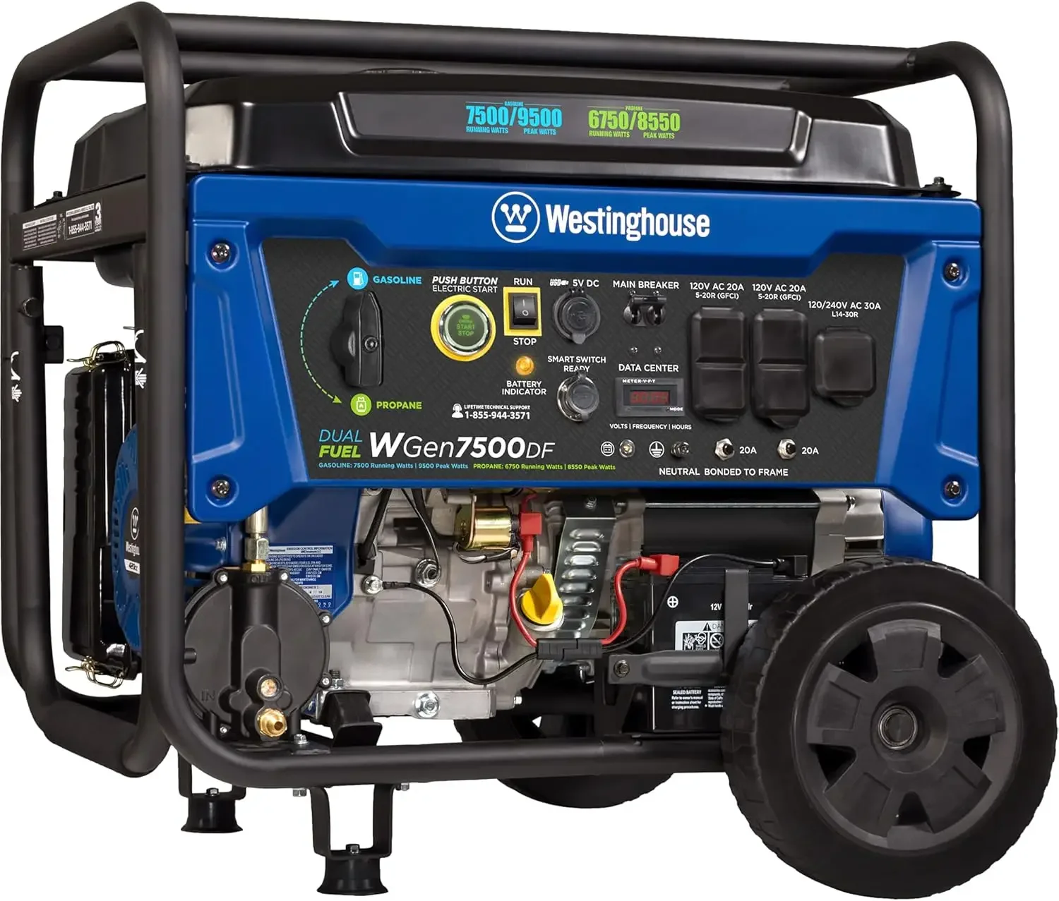 Outdoor Power Equipment 9500 Peak Watt Dual Fuel Home Backup Portable Generator, Remote Electric Start, Transfer Sw