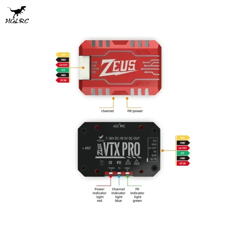 HGLRC Zeus VTX PRO 1.6W 5.8G Transmission d'image 40CH avec Microphone PIT/25/400/800/1.6W réglable pour Drones de course RC FPV