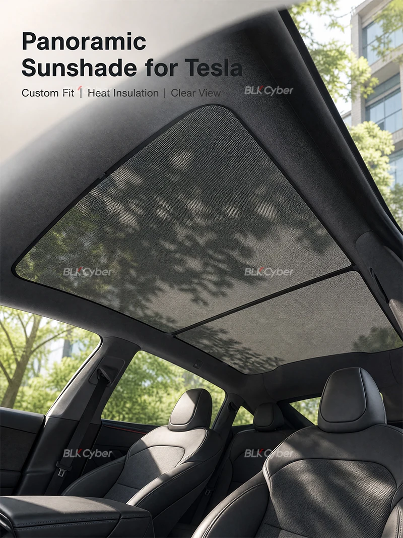 Für Tesla Model 3/Y/YL Highland Juniper Glasdach-Netz-Sonnenschutz, solarbetriebene Abdeckung, lichtdurchlässiger, lichtfilternder Schirm, UV-Wärmereduzierung, Clip-On – Detail 1