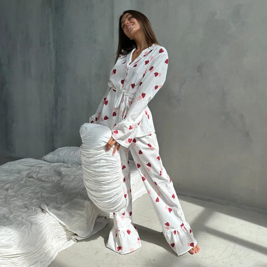 

Hiloc Home Red Heart Print Cotton Pajamas Sets Casual Outfits Female Fashion Wrap Blouse With Elastic Waist Pants 2 Piece Sets