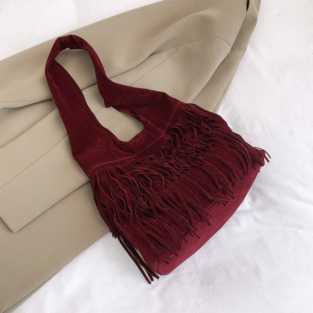 

Korean Style Large Capacity Shoulder Bag Tassel Solid Color Tote Bag Wide Strap Luxury Handbags Female